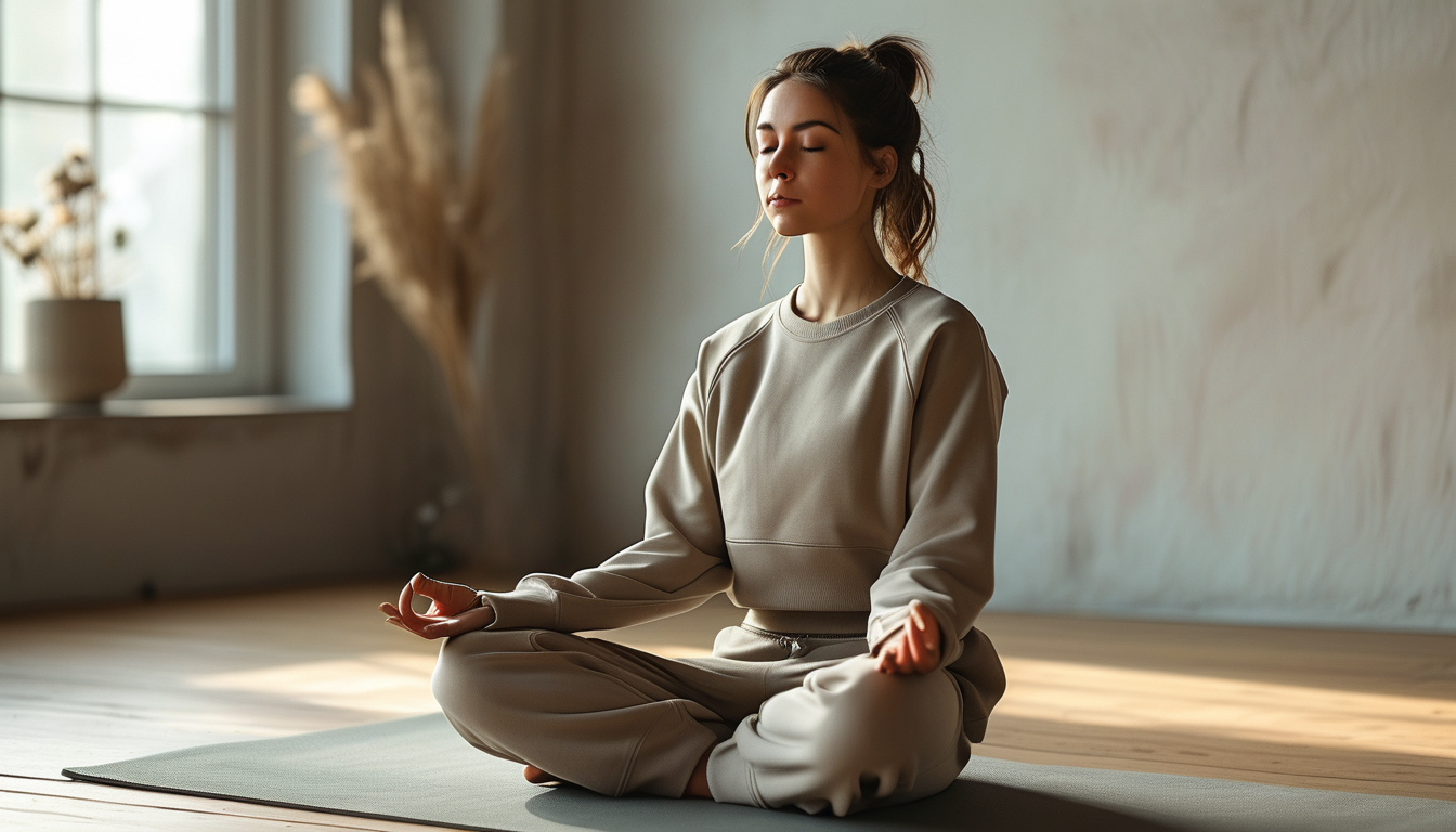 Woman meditating peacefully in a calm, minimal room