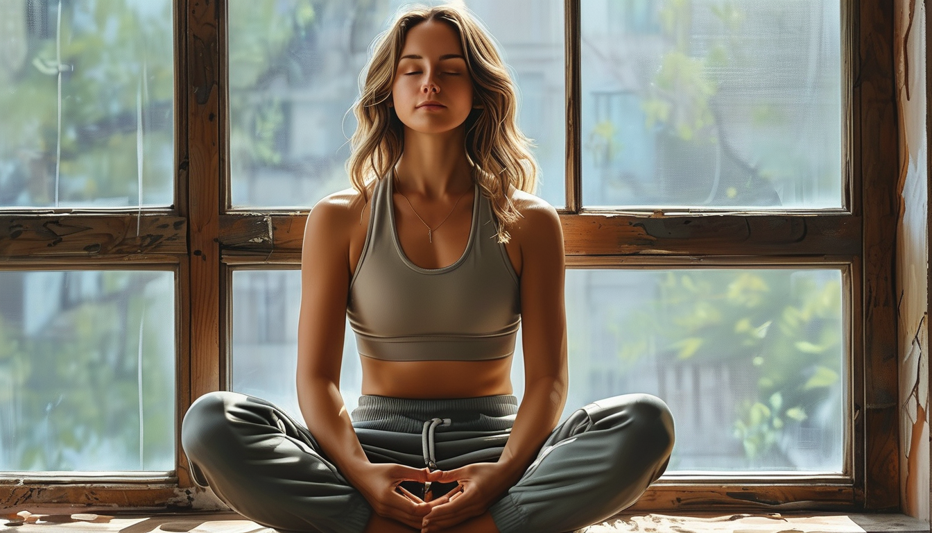 Woman in a seated meditation pose by a window